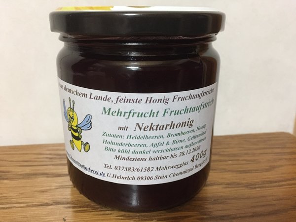 Heidelbeer-Kratzbeer-Holunder Fruchtaufstrich mit Bienenhonig 400g Glas