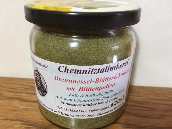 Brennnessel Blätter und Samen mit Blütenpollen fein gemahlen 420ml Glas